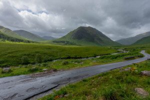 Beinn Mhic Chasgaig, the River Etive, and the Glen Etive road, the spot of one of the famous scenes from James Bond’s Skyfall