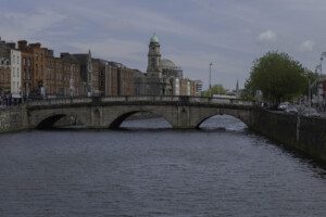 Mellows Bridge with Saint Paul Church and Four Courts with the scaffolds