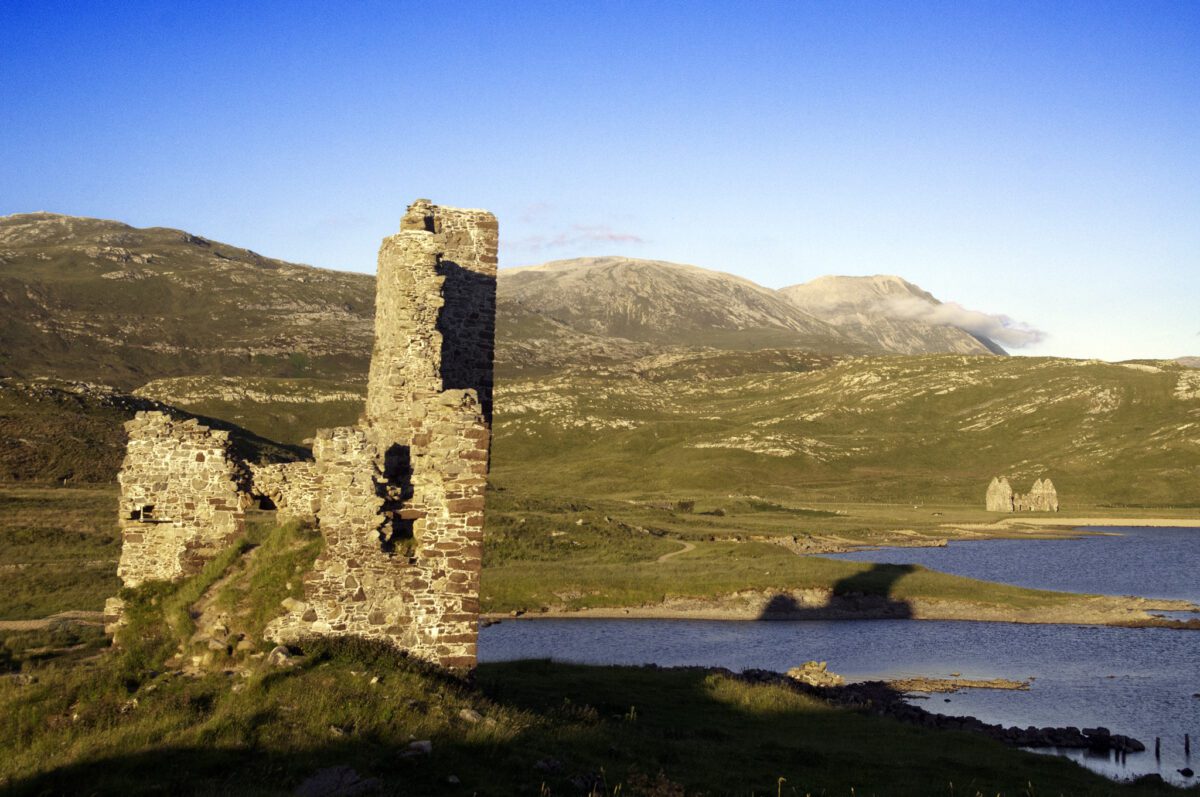 Ardvreck castle and Calda House at sunset